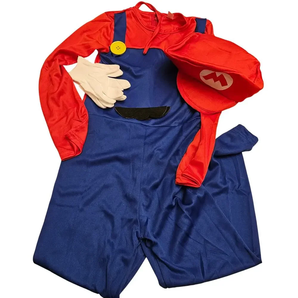 Super Mario Kids Costume Sz S 3/4 Years Bodysuit Gloves Mustache Hat Halloween